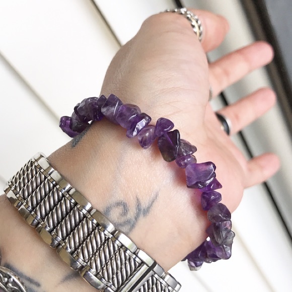 amethyst gem chips silver bar bracelet - Picture 2 of 8